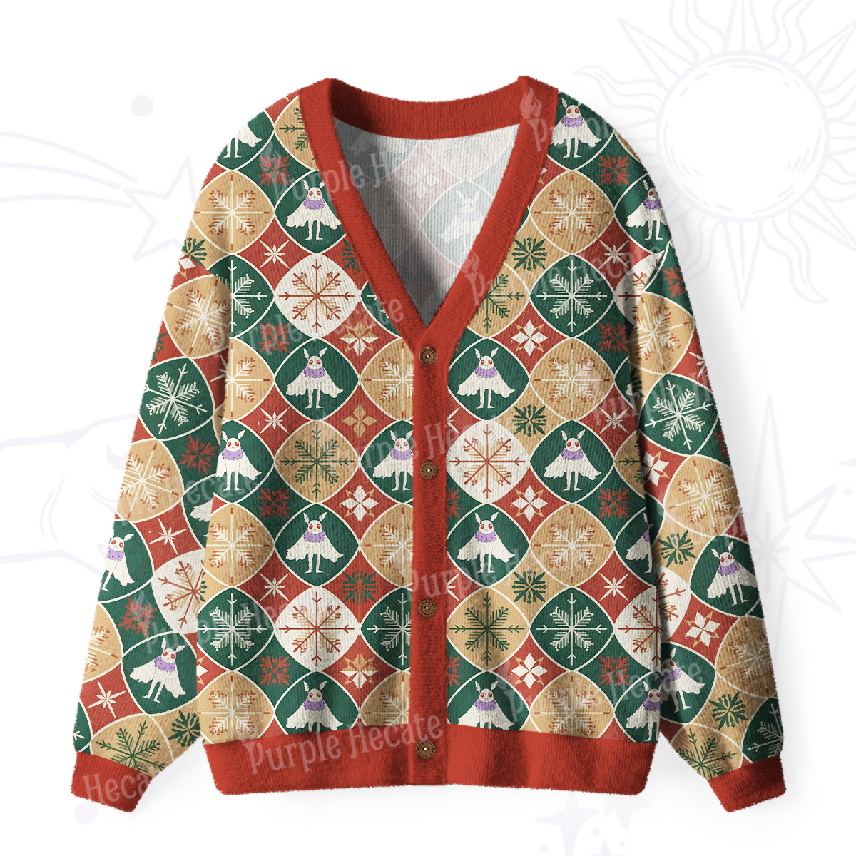 Purplehecate Retro Mothman Snowflake Ugly Cardigan Sweaters
