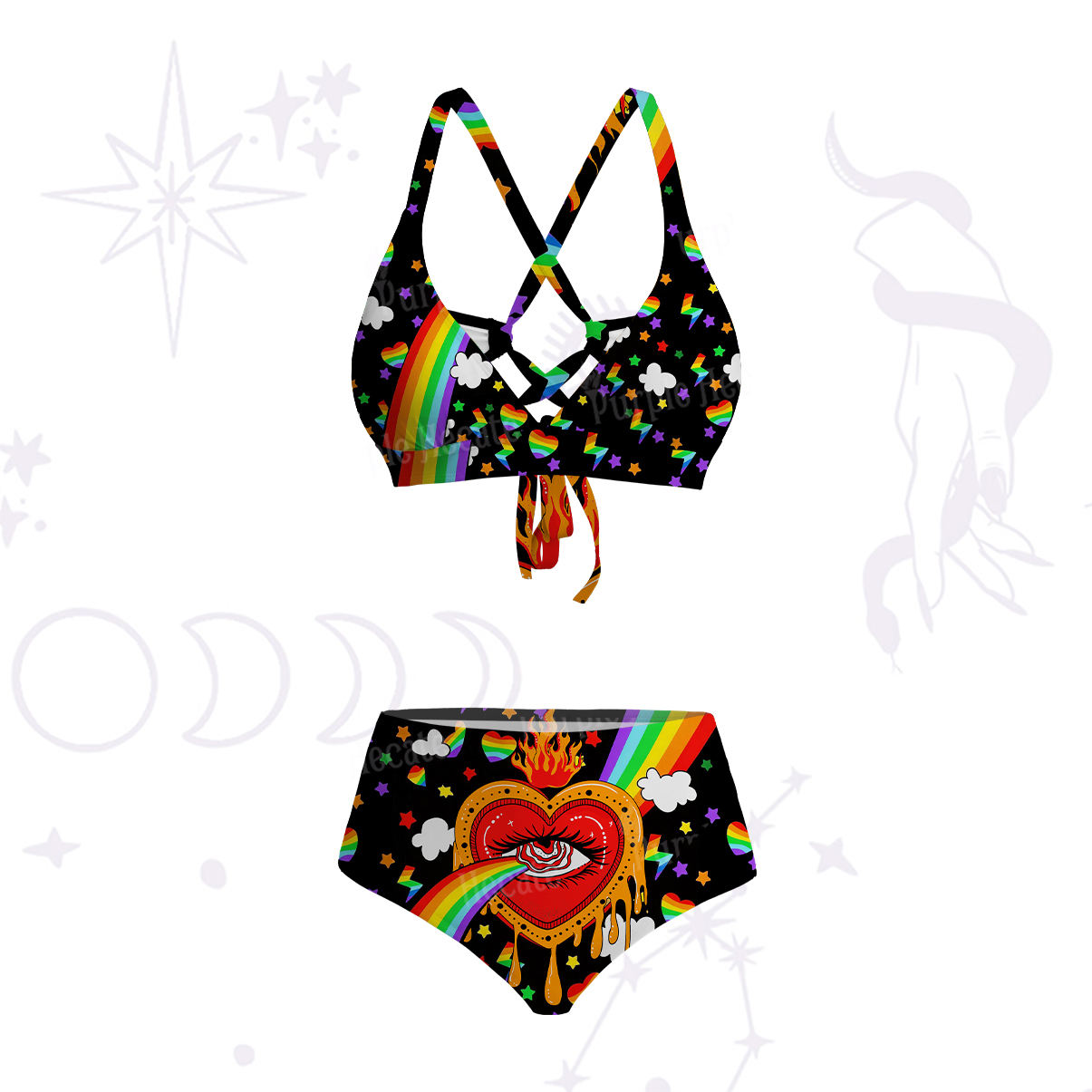 Purplehecate Rainbow Sacred Heart All Seeing Eye Pride Crisscross Tie-Back Bikini Set