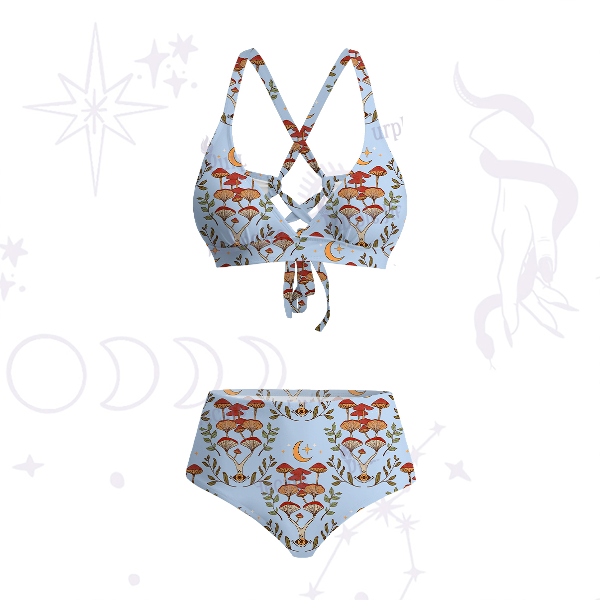 Purplehecate Psychedelic Mushrooms Crisscross Tie-Back Bikini Set