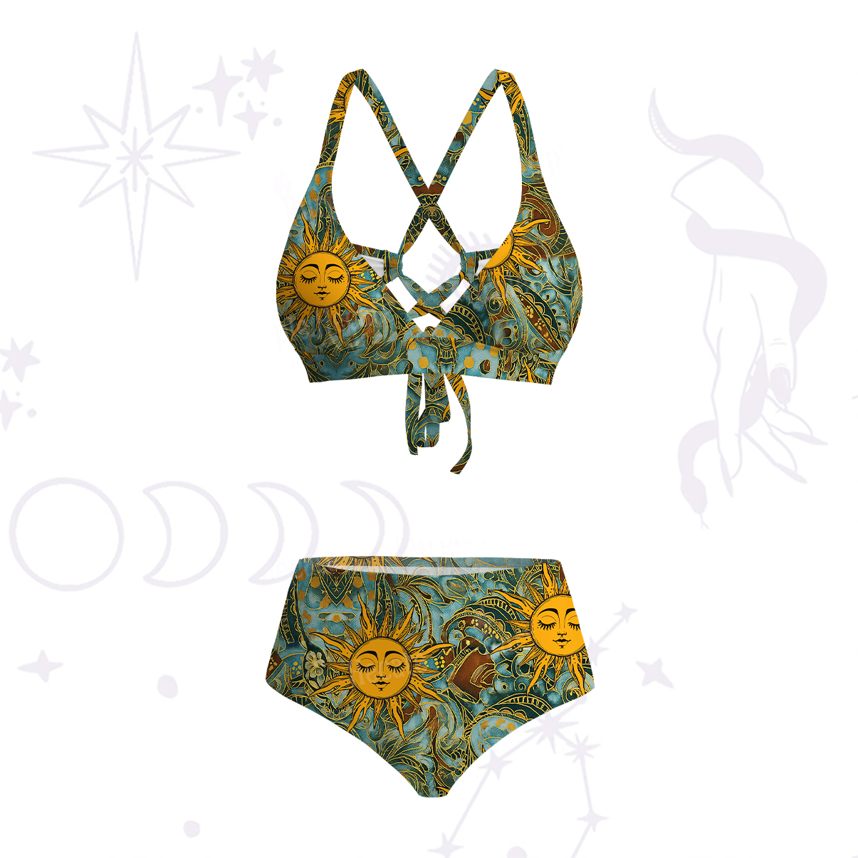 Purplehecate Golden Sun Wheel Crisscross Tie-Back Bikini Set