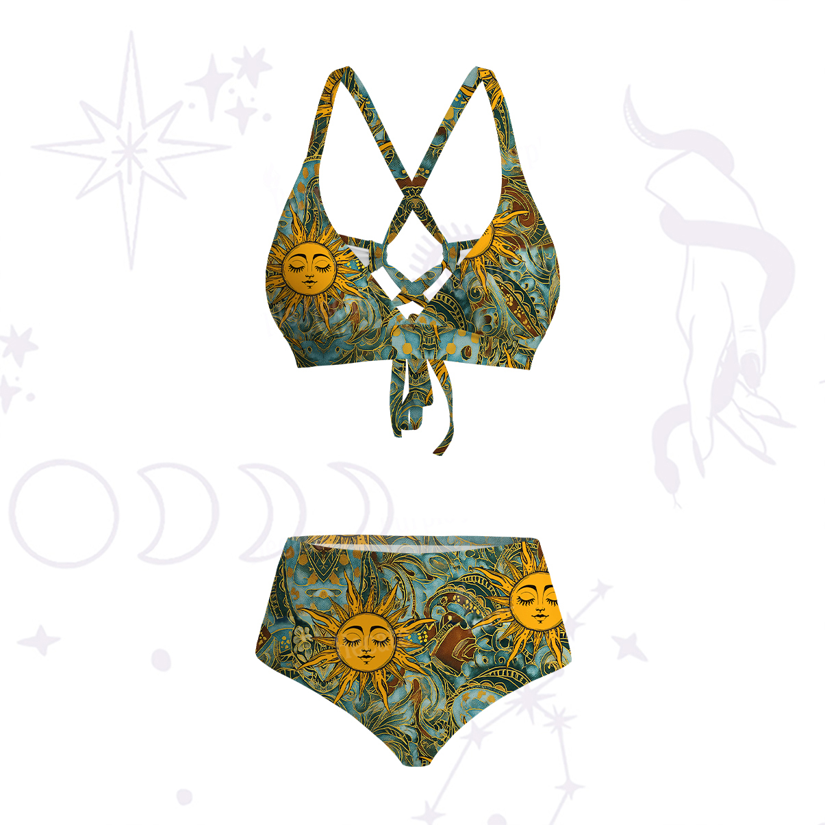 Purplehecate Golden Sun Wheel Crisscross Tie-Back Bikini Set