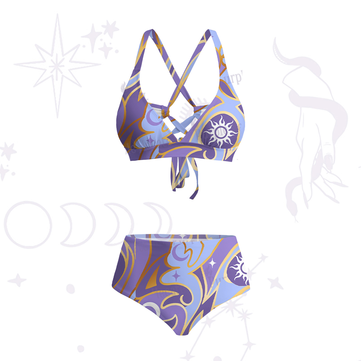 Purplehecate Divination Night Print Crisscross Tie-Back Bikini Set