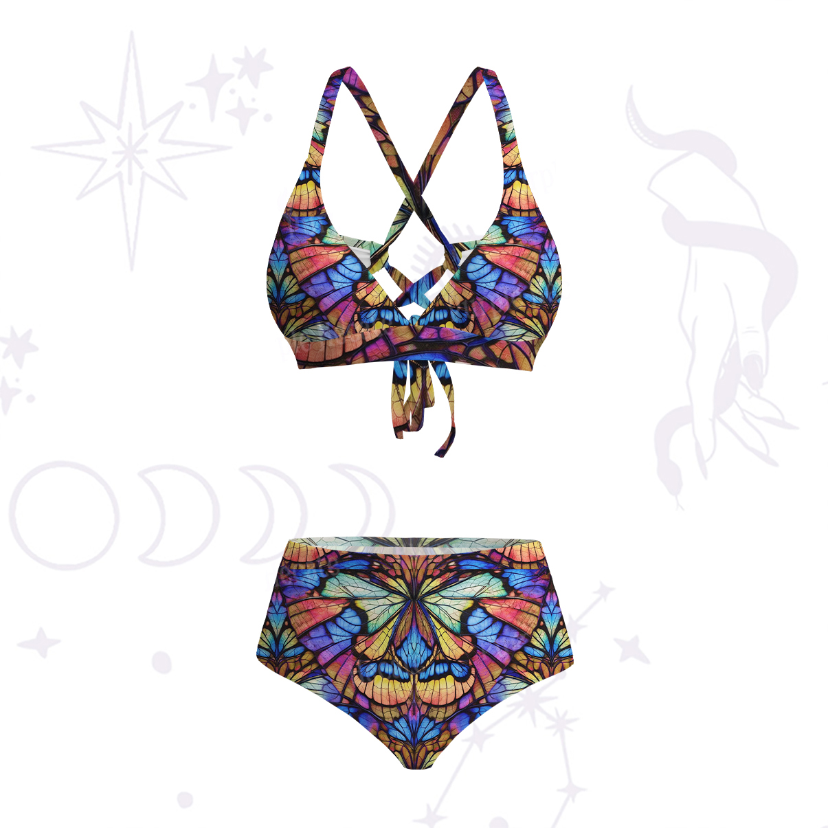 Purplehecate Colorful Butterfly Wing Pattern Crisscross Tie-Back Bikini Set