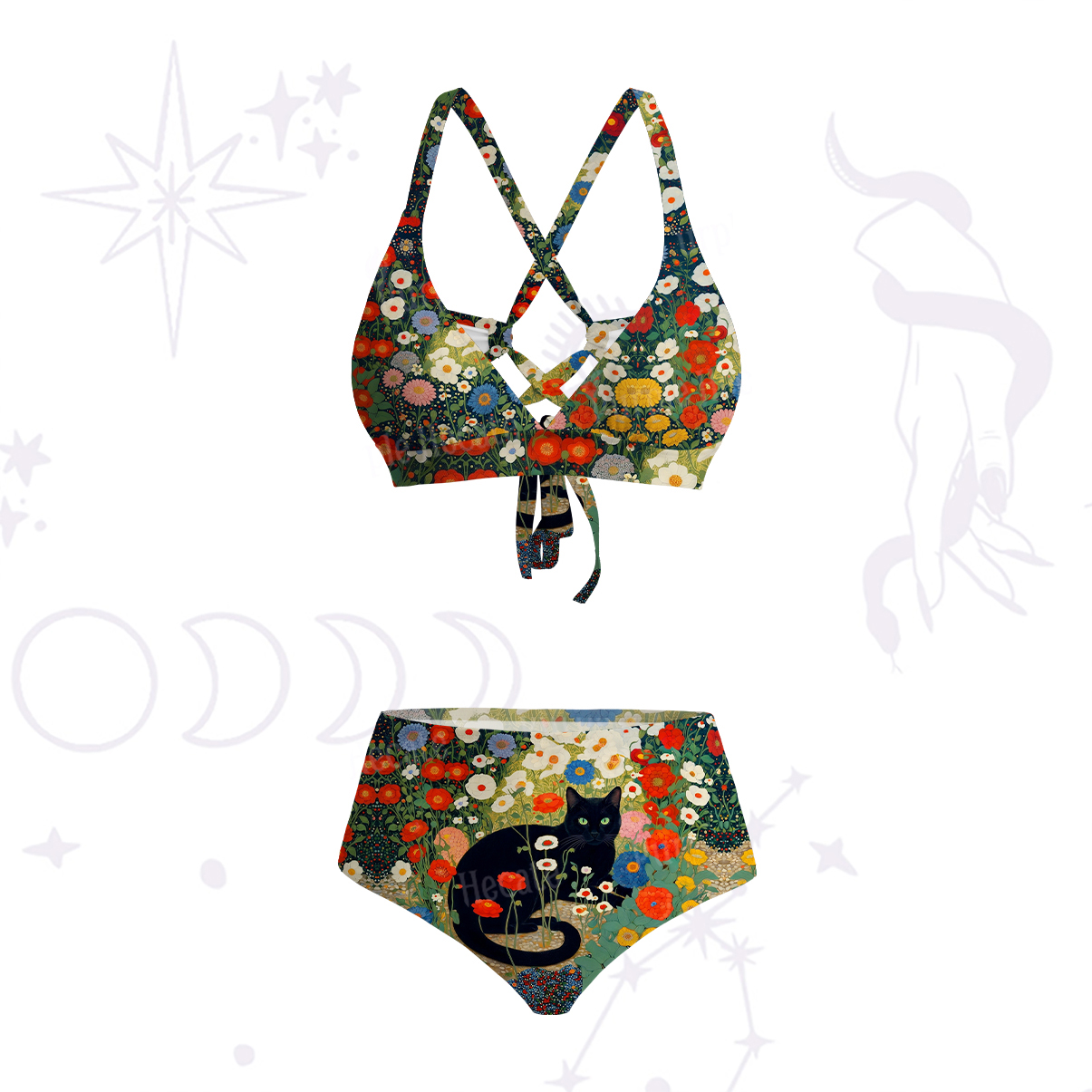 Purplehecate Vintage The Cat in Bloom Crisscross Tie-Back Bikini Set