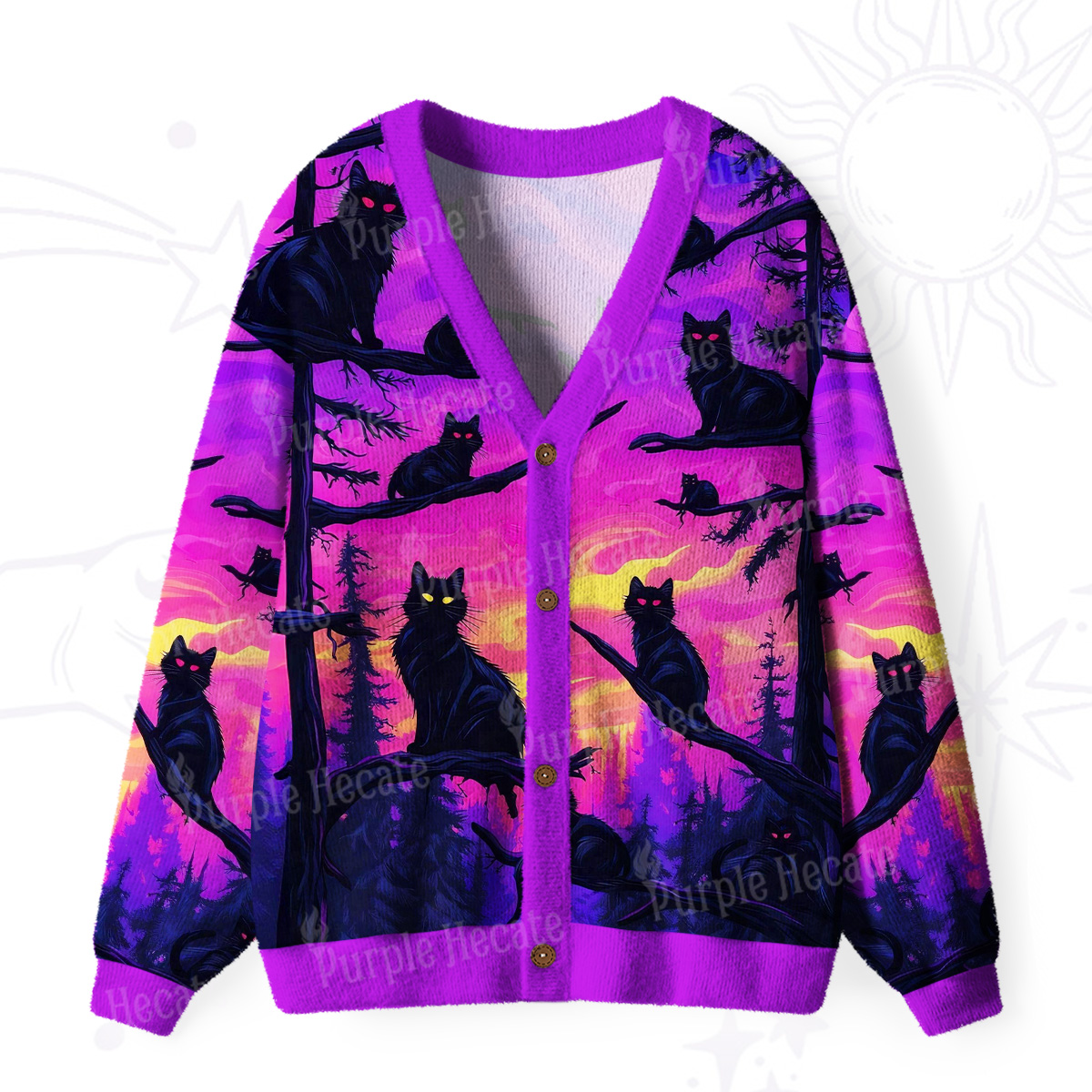 Purplehecate Twilight Forest Guardian Cat Ugly Cardigan Sweaters