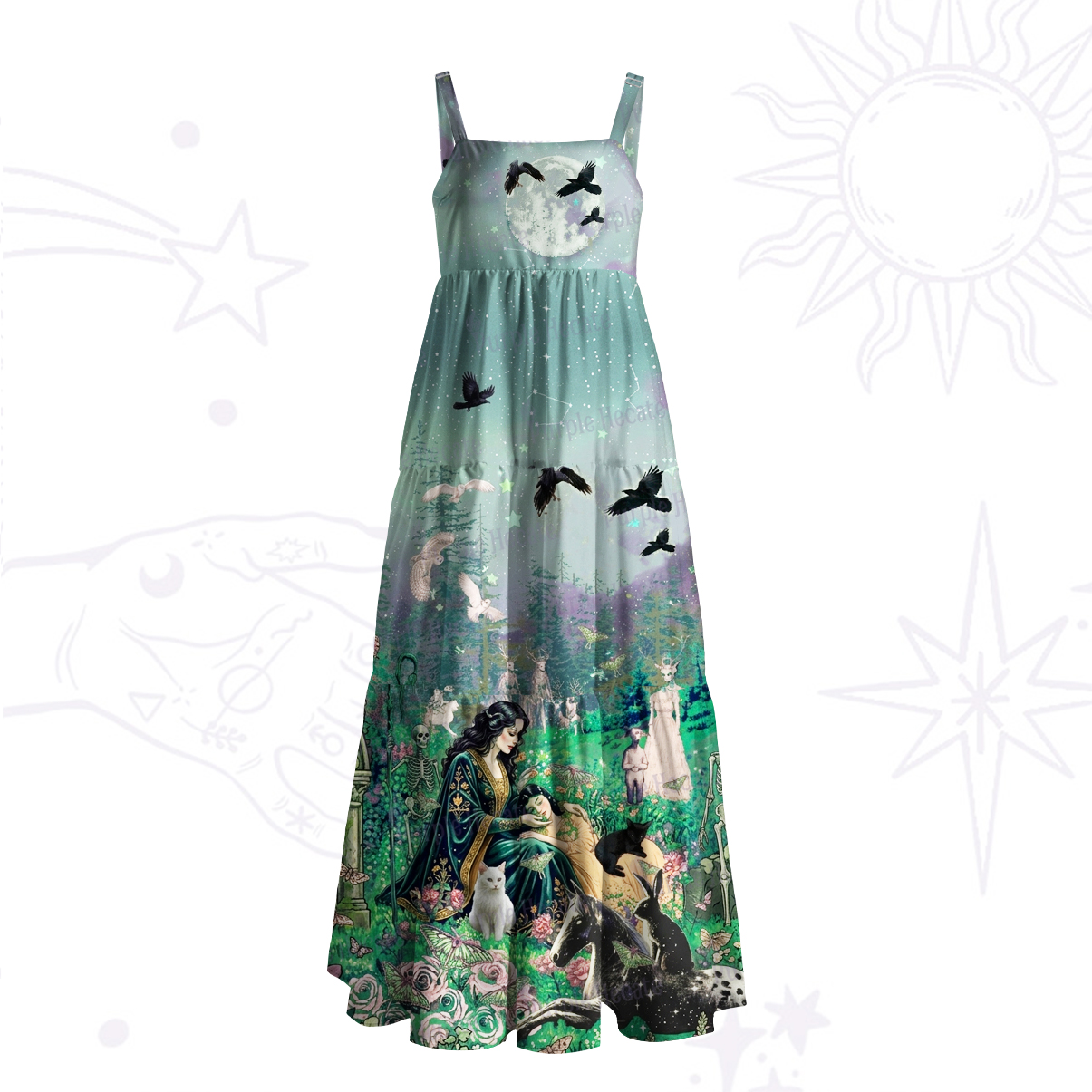 Purplehecate Forest Witch & Familiar Creatures Wide Straps Maxi Dress
