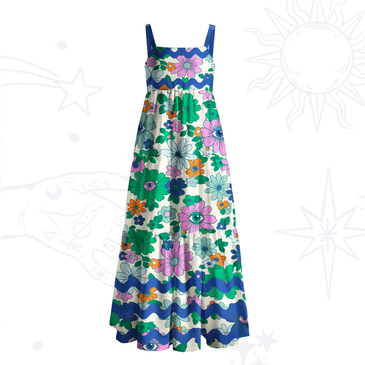 Purplehecate  Psychedelic Floral Wave Wide Straps Maxi Dress