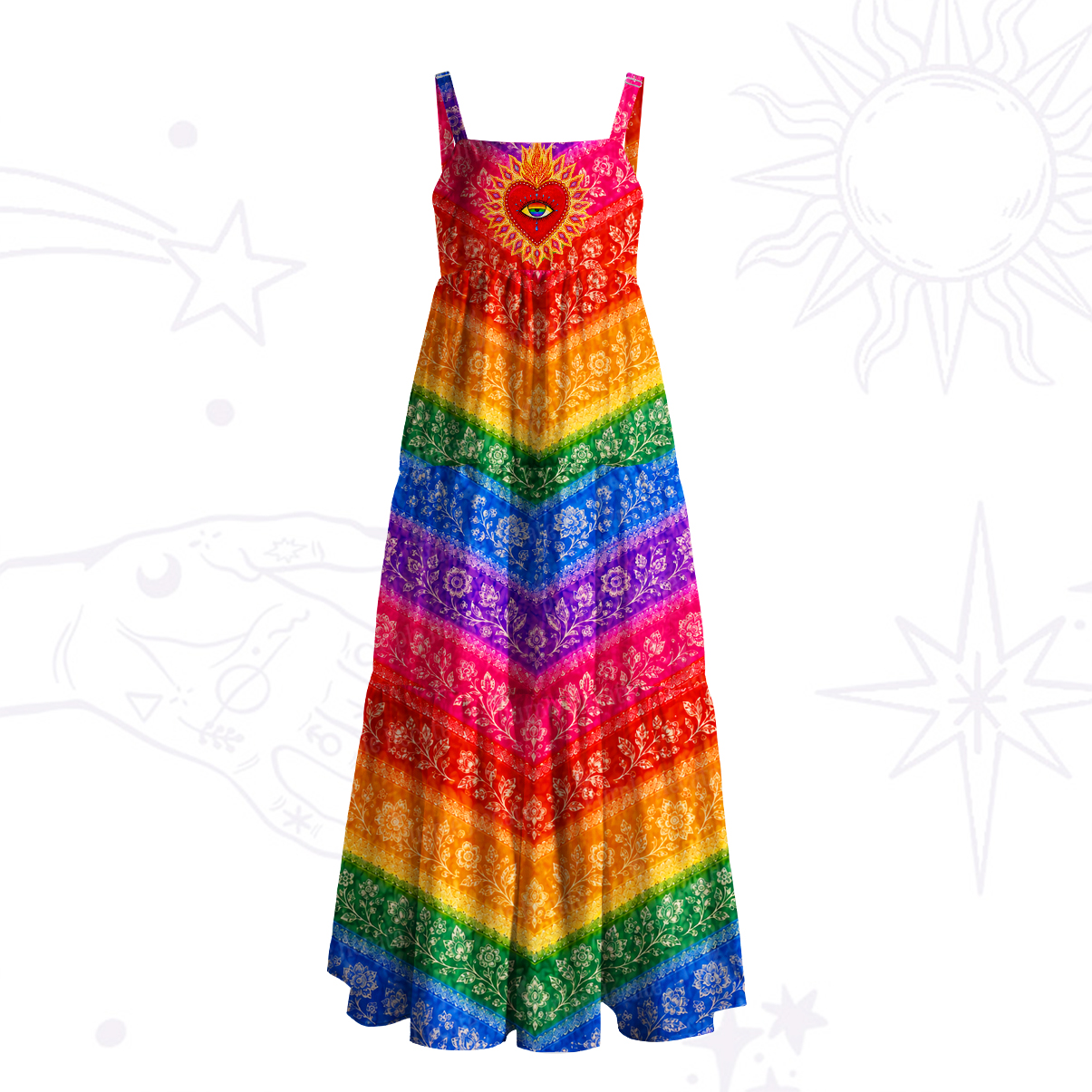 Purplehecate Rainbow Striped Sacred Heart Wide Straps Maxi Dress