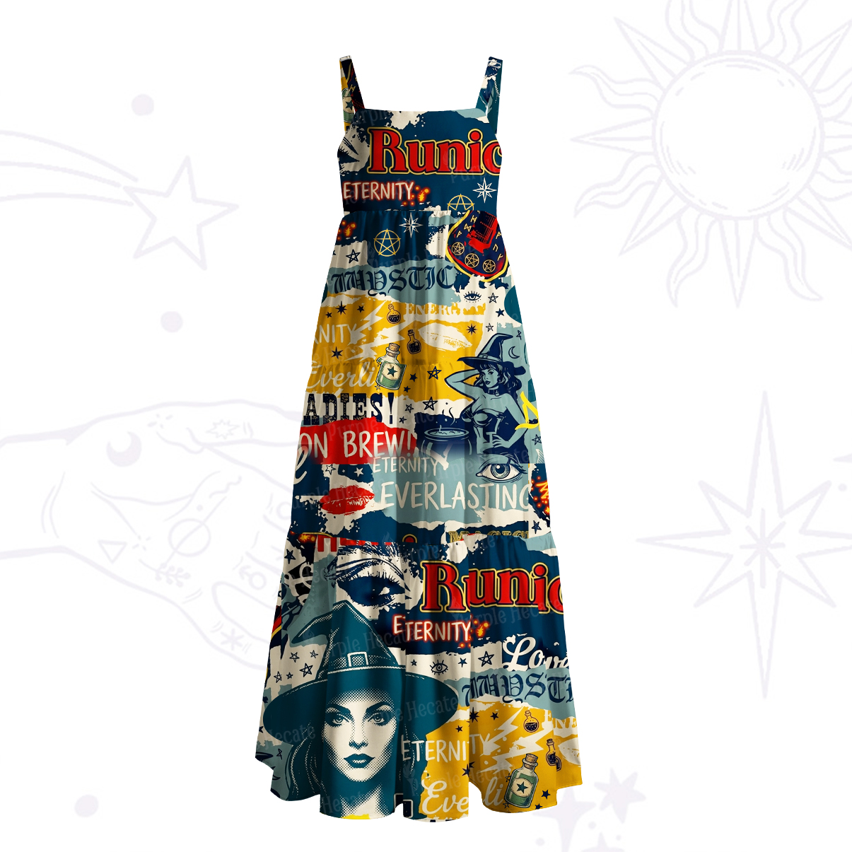 Purplehecate Vintage Magic Poster Collage Wide Straps Maxi Dress