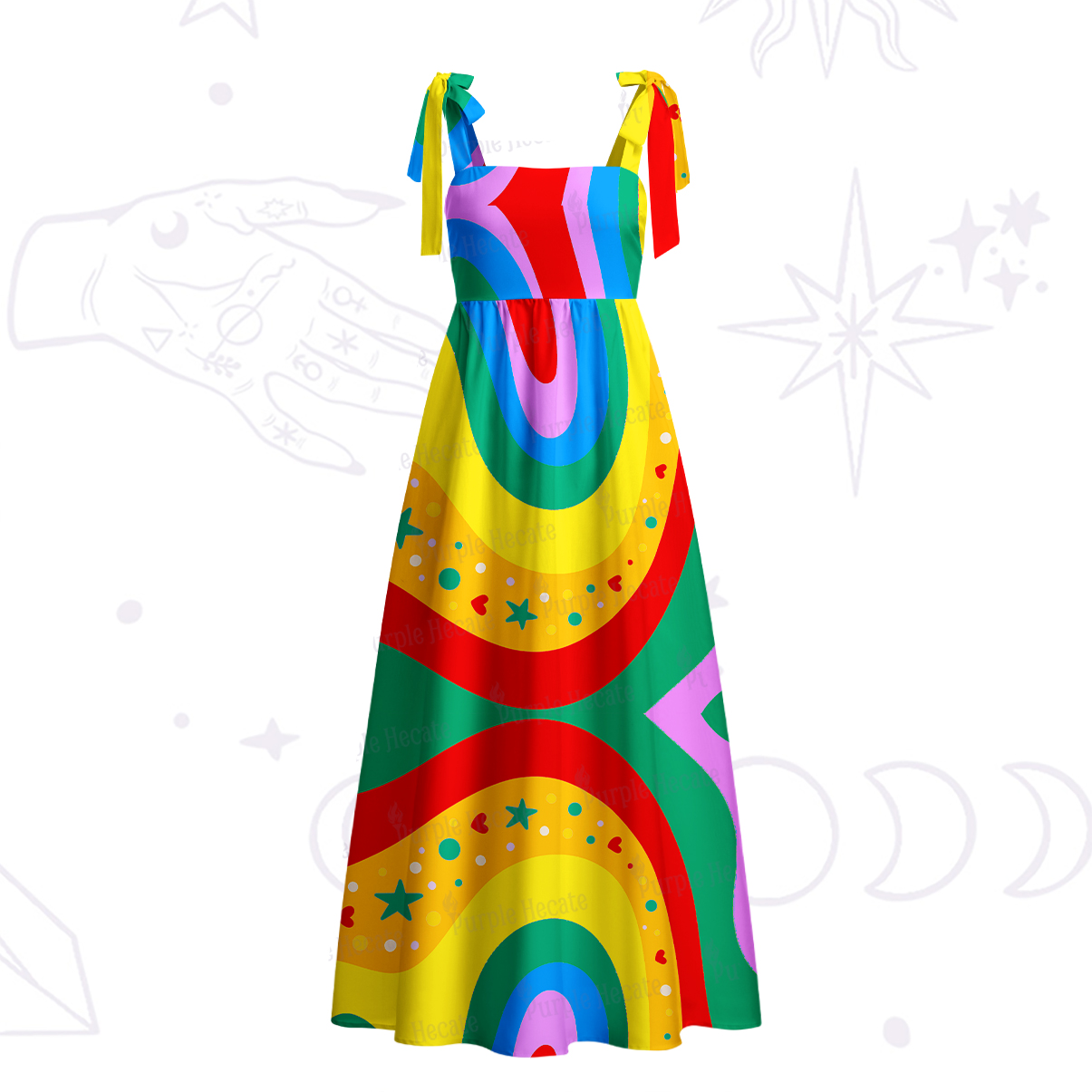 Purplehecate Dreamy Rainbow Waves Tie Shoulder Maxi Dress