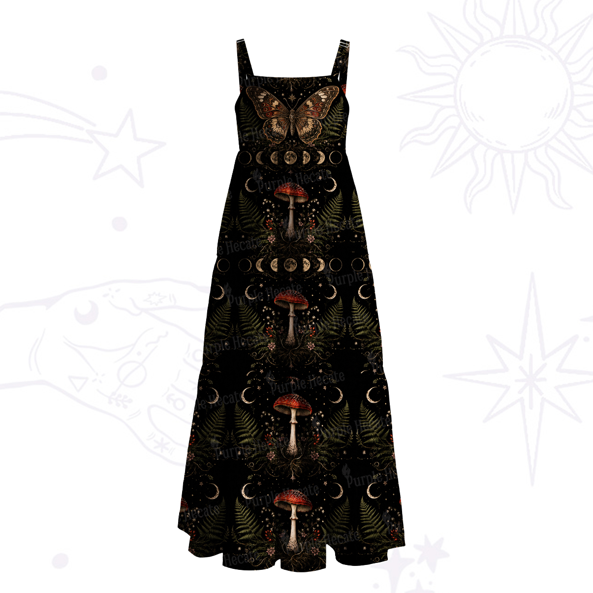 Purplehecate Moon Phase Mushroom Forest Witch Wide Straps Maxi Dress