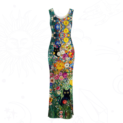Purplehecate Fluffy Black Cat in Colorful Flower Field Mesh Maxi Tank Beach Dress