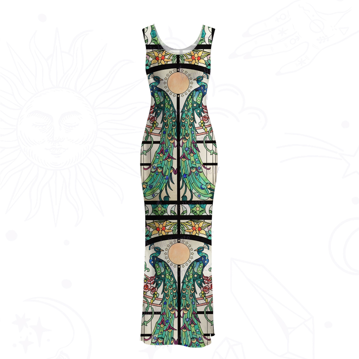 Purplehecate Mystic Peacock Stained Glass Mesh Maxi Tank Beach Dress
