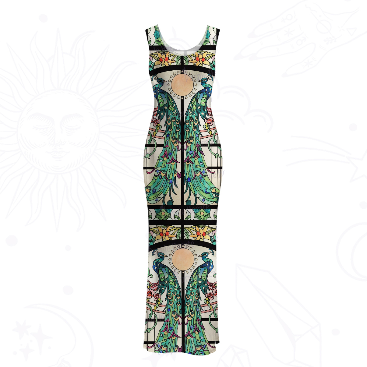 Purplehecate Mystic Peacock Stained Glass Mesh Maxi Tank Beach Dress