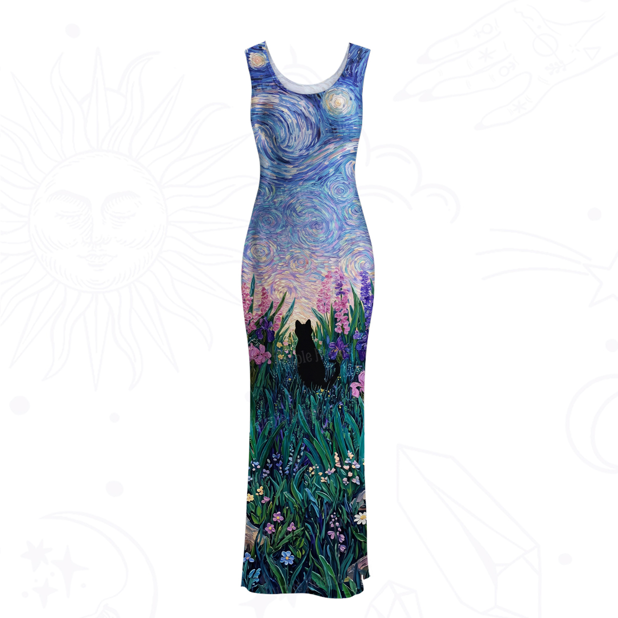 Purplehecate Starry Mystic Night Garden Cat Mesh Maxi Tank Beach Dress