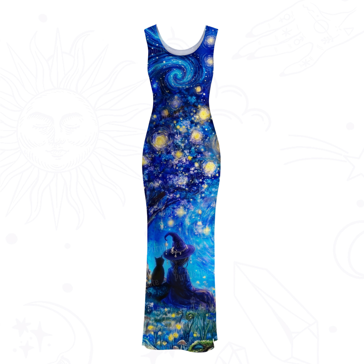 Purplehecate Moonlit Witch & Starry Cat Mesh Maxi Tank Beach Dress