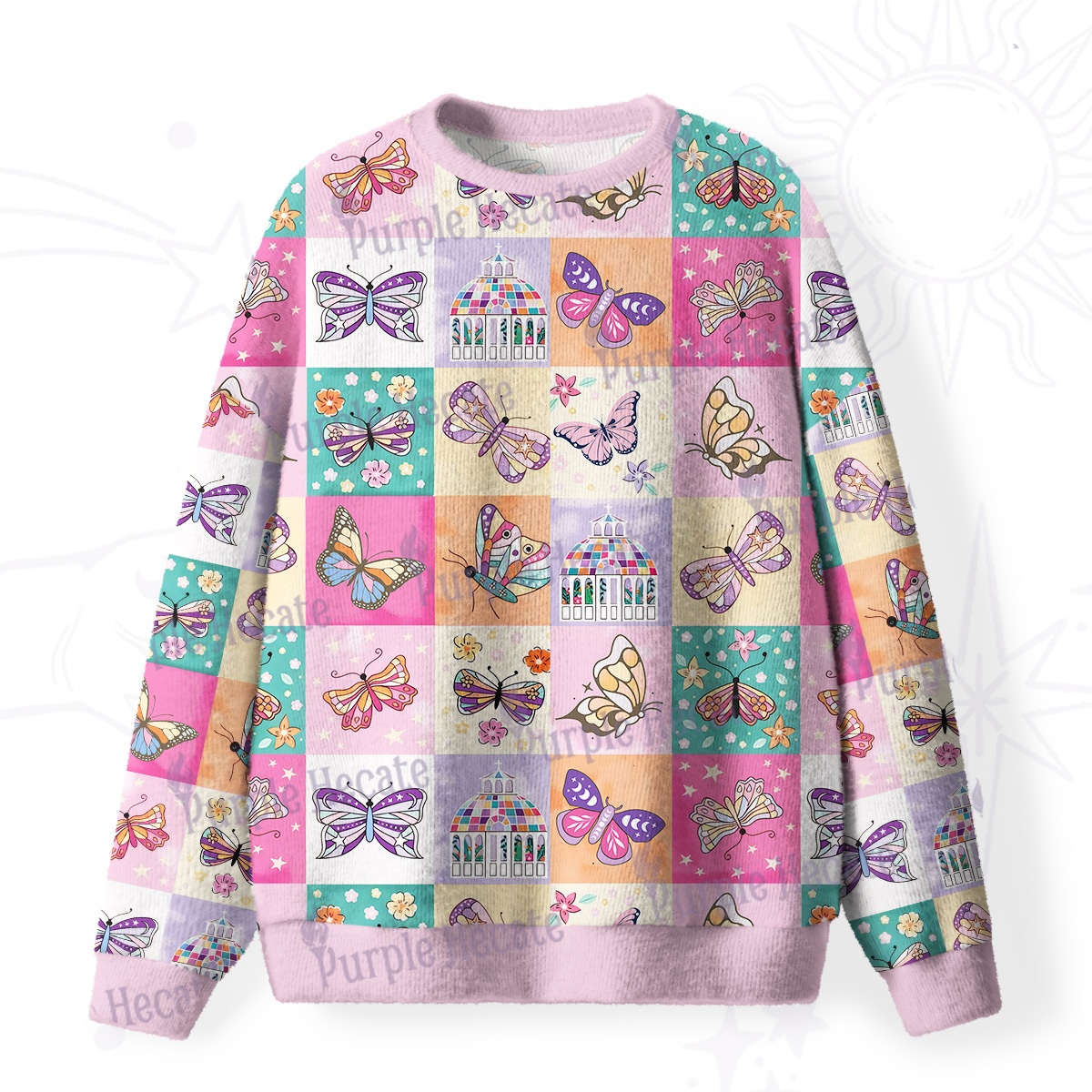 Purplehecate Dreamy Butterfly Garden Fuzzy Ugly Christmas Sweatshirt