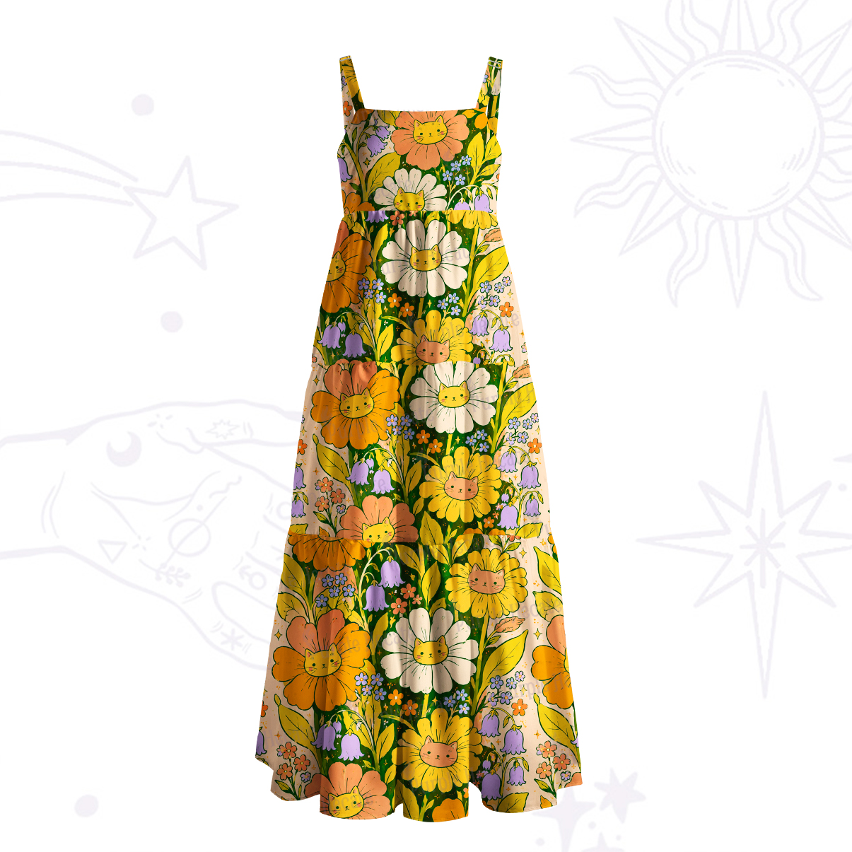 Purplehecate Sunflower Cat Face Flower Field Wide Straps Maxi Dress
