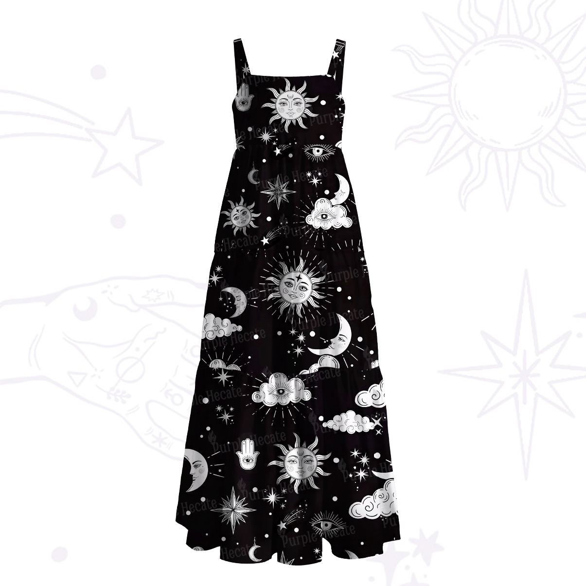 Purplehecate Sun Moon Stars Oracle Wide Straps Maxi Dress