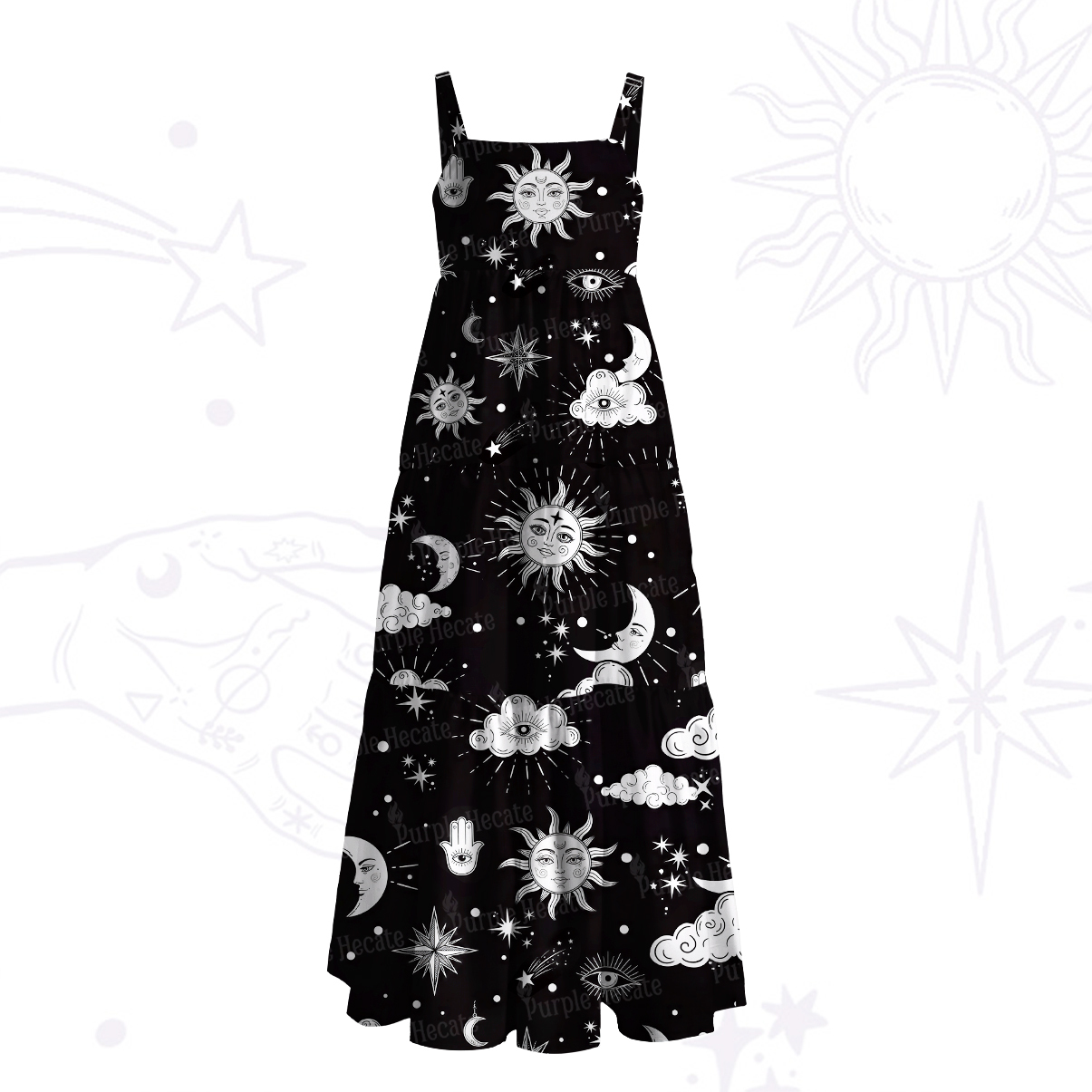 Purplehecate Sun Moon Stars Oracle Wide Straps Maxi Dress