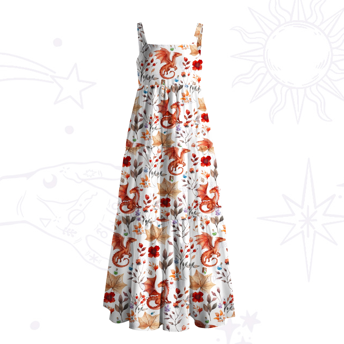 Purplehecate Enchanted Little Dragon Meadow Wide Straps Maxi Dress