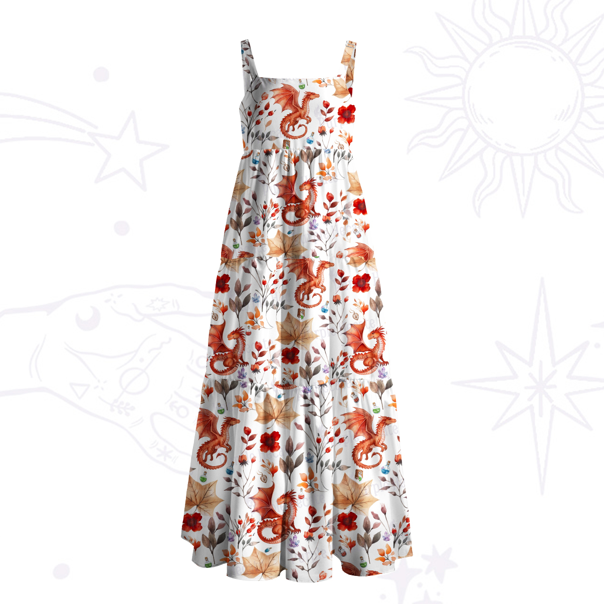 Purplehecate Enchanted Little Dragon Meadow Wide Straps Maxi Dress