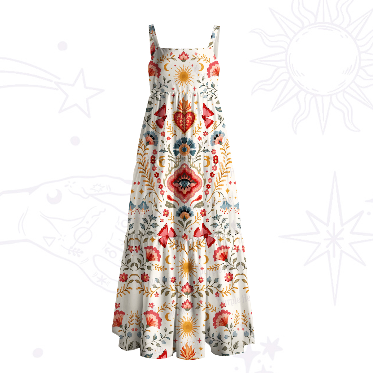 Purplehecate Sunlit Heart Folk Floral Wide Straps Maxi Dress