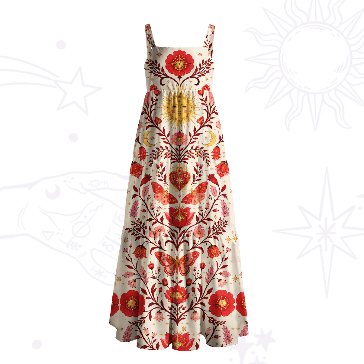 Purplehecate Solar Bloom Sacred Heart Wide Straps Maxi Dress