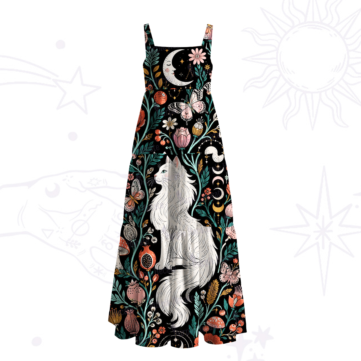 Purplehecate Lunar White Cat Forest Strappy Wide Straps Maxi Dress