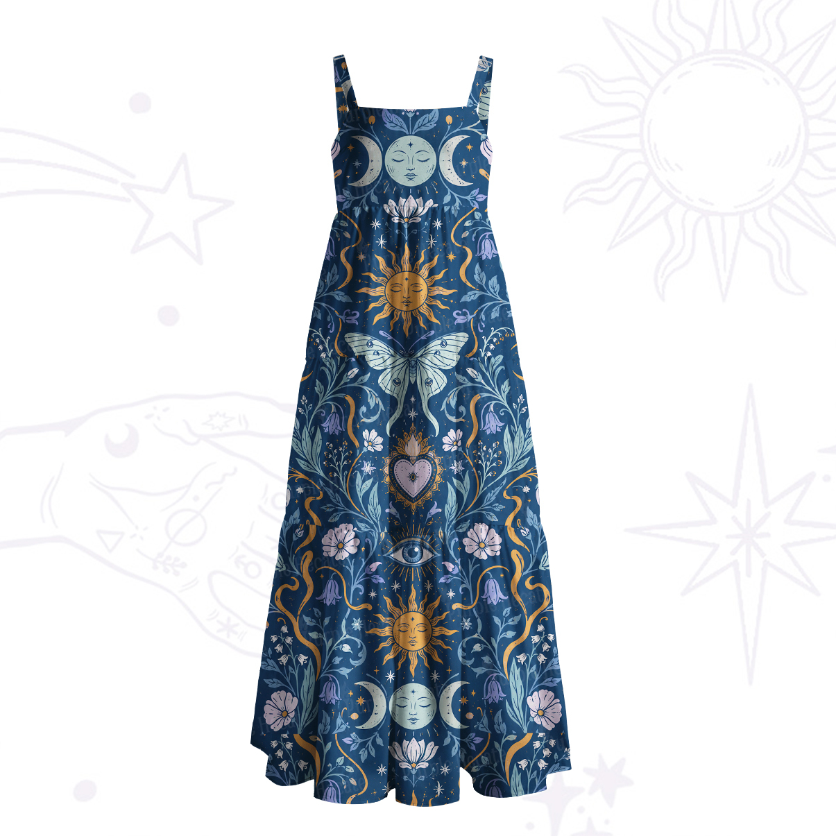 Purplehecate Celestial Butterfly Moon Phase Wide Straps Maxi Dress