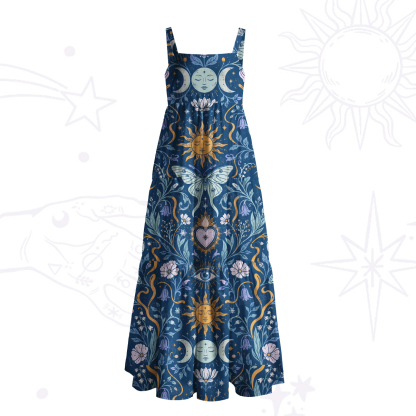Purplehecate Celestial Butterfly Moon Phase Wide Straps Maxi Dress