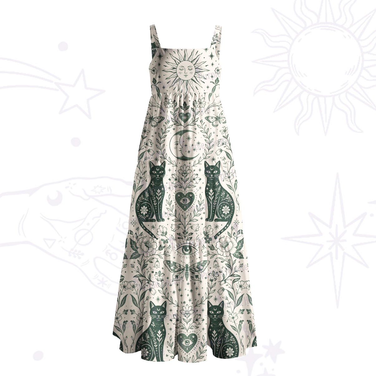 Purplehecate Witchy Cat and Moon Phase Wide Straps Maxi Dress