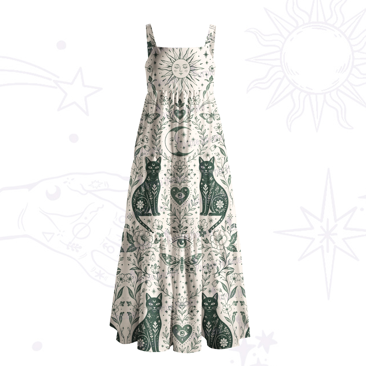 Purplehecate Witchy Cat and Moon Phase Wide Straps Maxi Dress