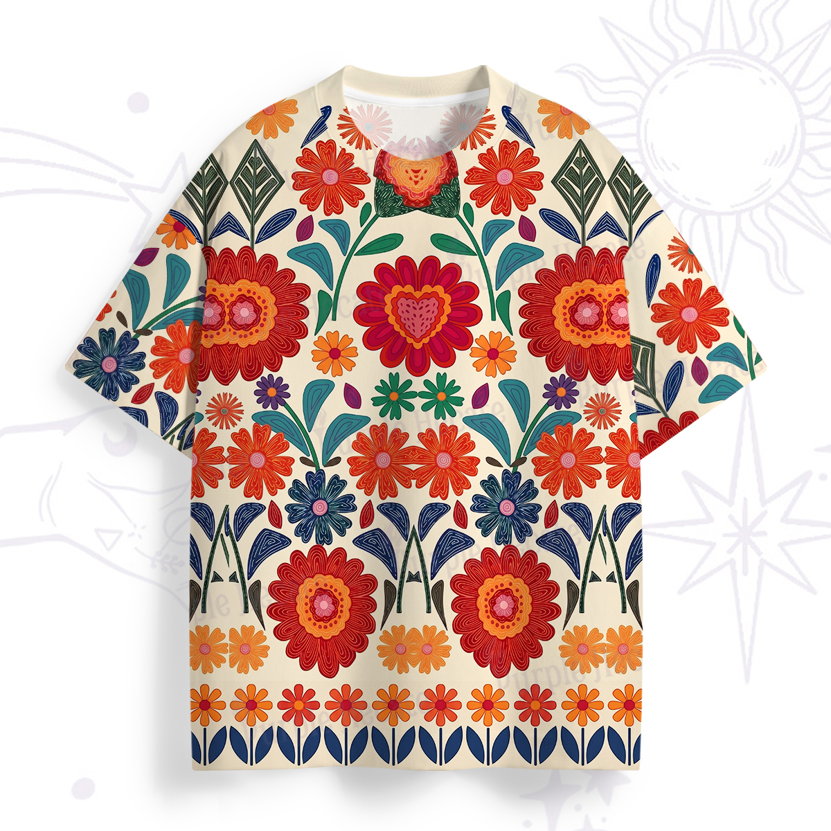 Purplehecate Retro Bloom Folk Floral All Over Print T-Shirt