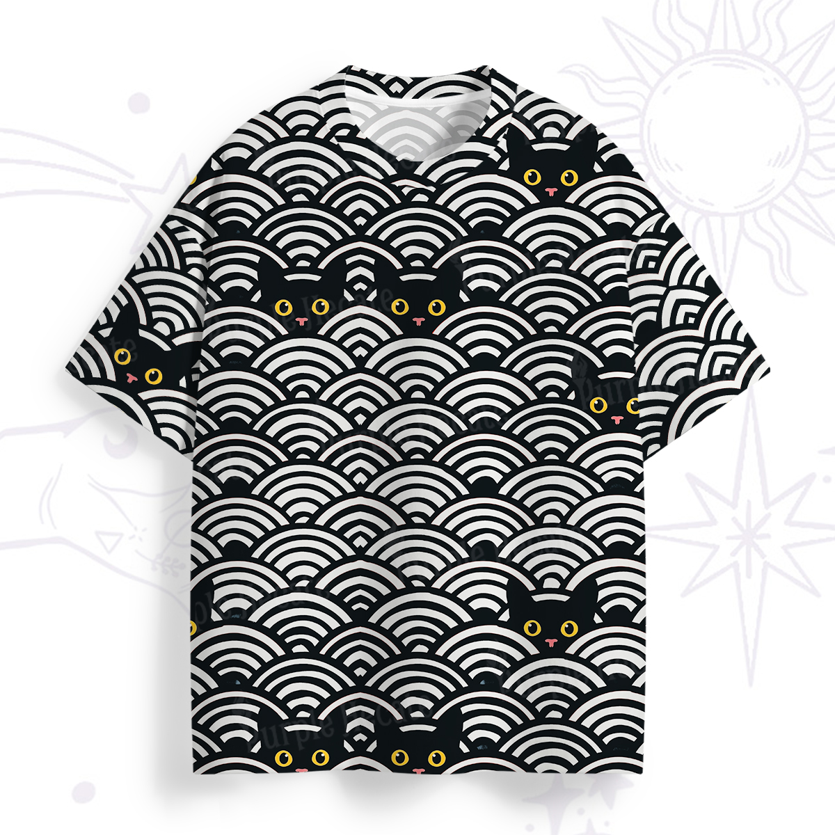 Purplehecate Rainbow Black Cat Waves All Over Print T-Shirt