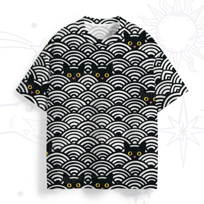 Purplehecate Rainbow Black Cat Waves All Over Print T-Shirt