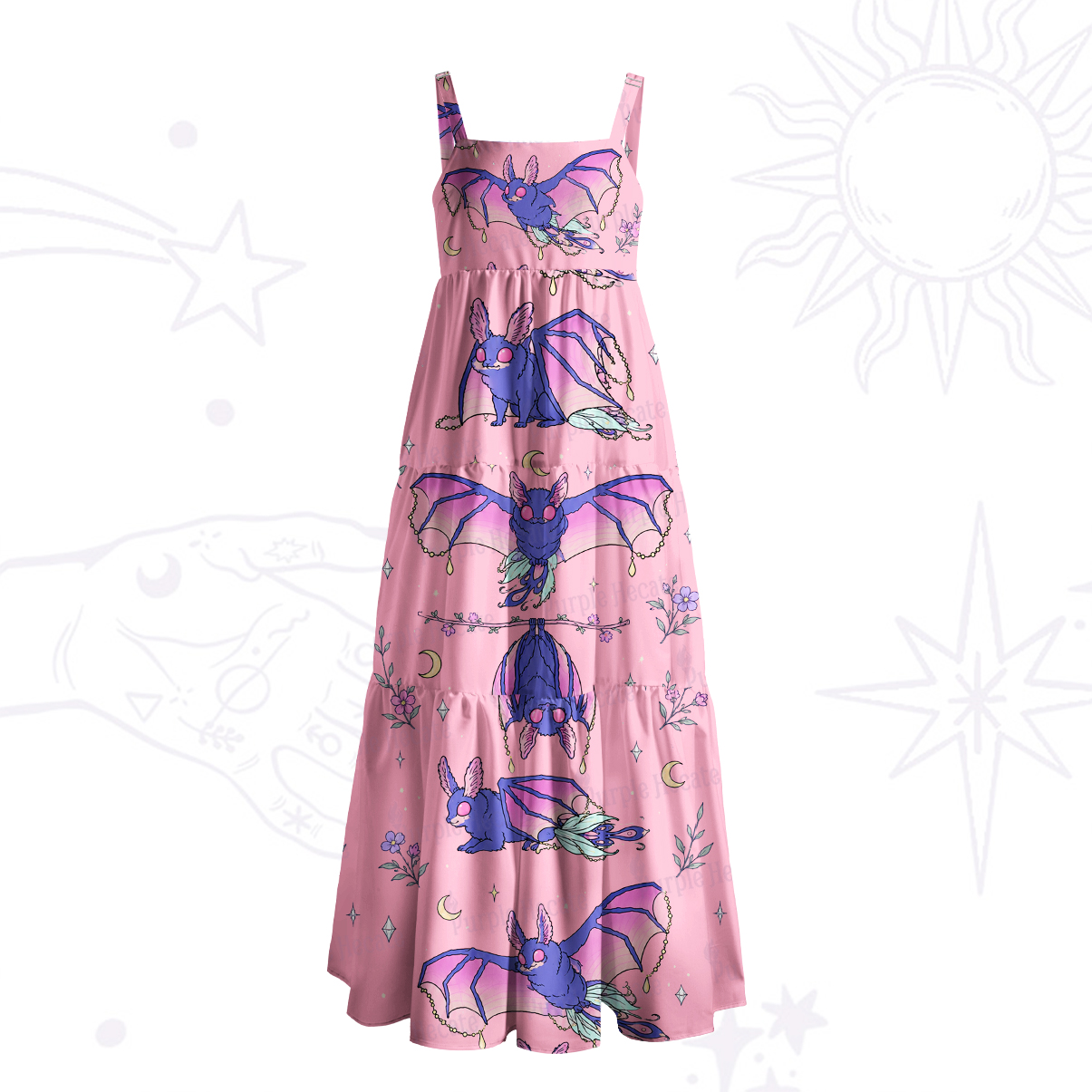 Purplehecate Midnight Bat Print Wide Straps Maxi Dress