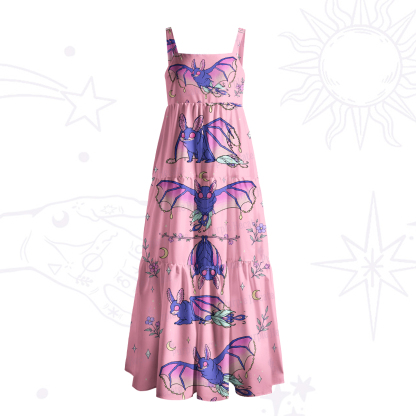 Purplehecate Midnight Bat Print Wide Straps Maxi Dress