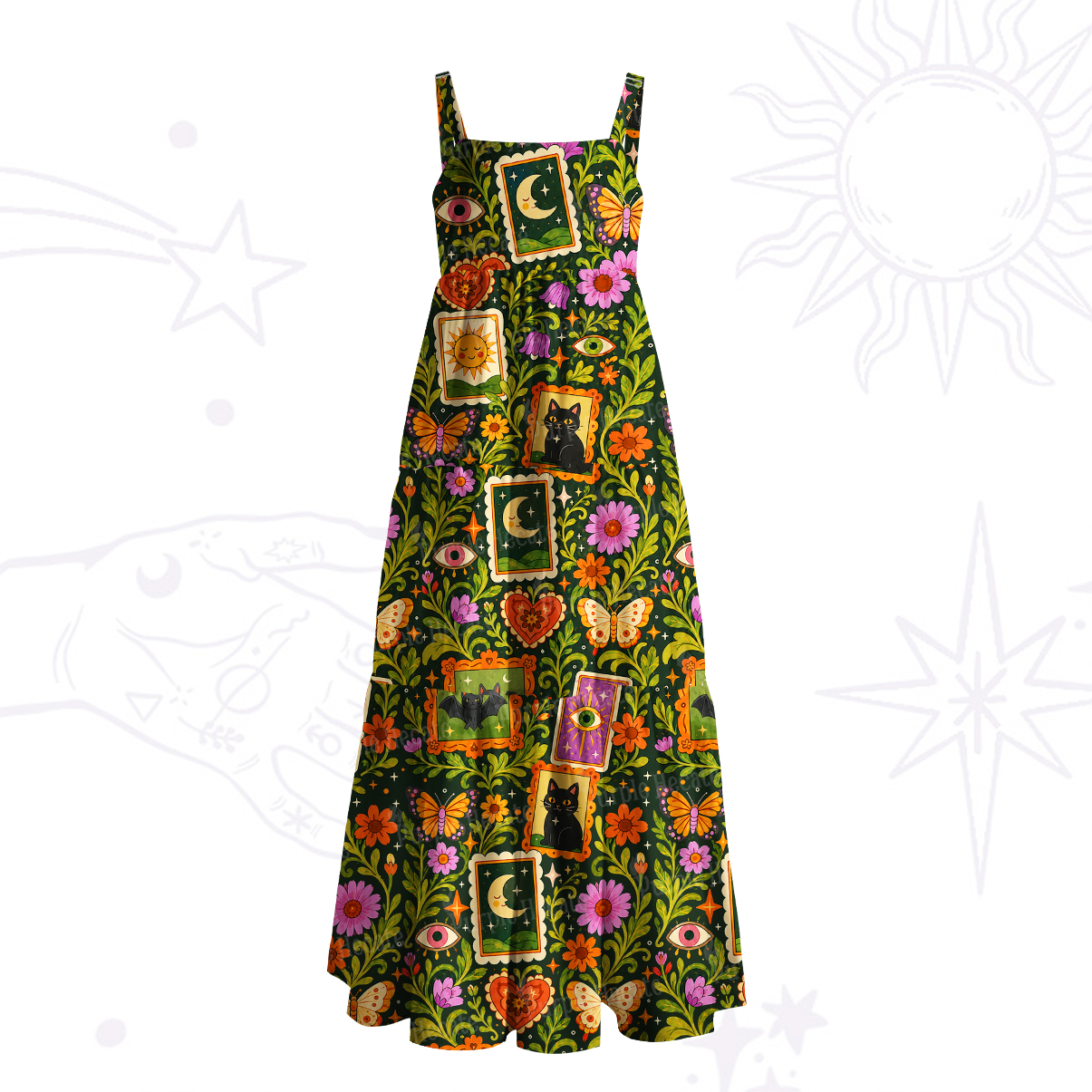 Purplehecate Vintage Botanical Tarot Card Wide Straps Maxi Dress