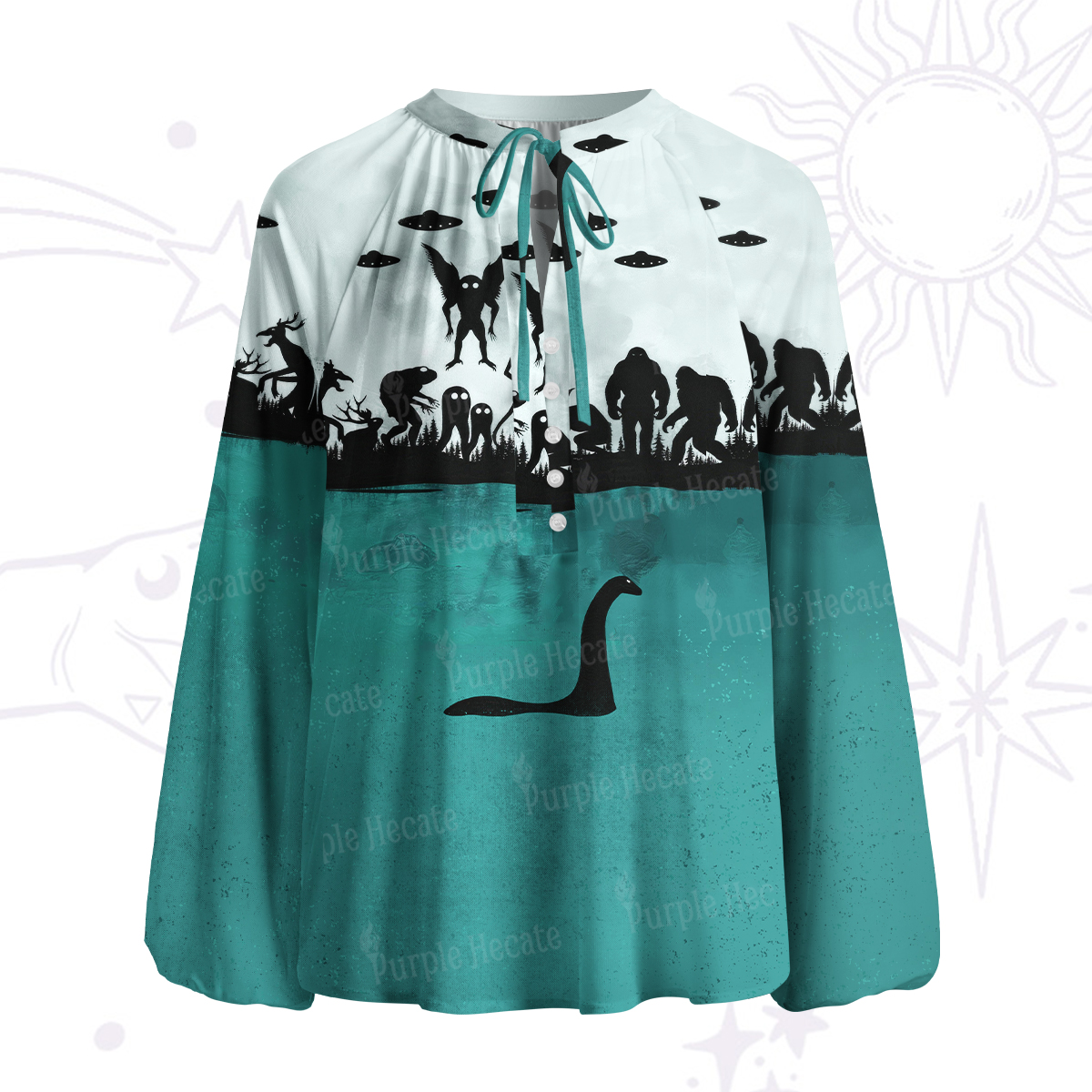 Purplehecate Alien Lake Monster Encounter Split Neck Tie Blouse