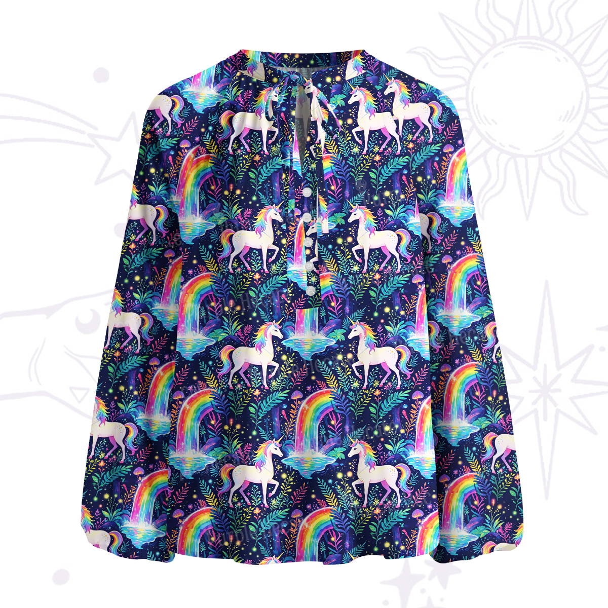 Purplehecate Rainbow Forest Unicorn Magic Split Neck Tie Blouse