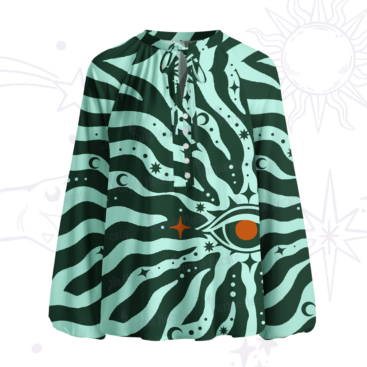 Purplehecate Green Vision Illusion Split Neck Tie Blouse
