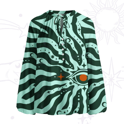 Purplehecate Green Vision Illusion Split Neck Tie Blouse