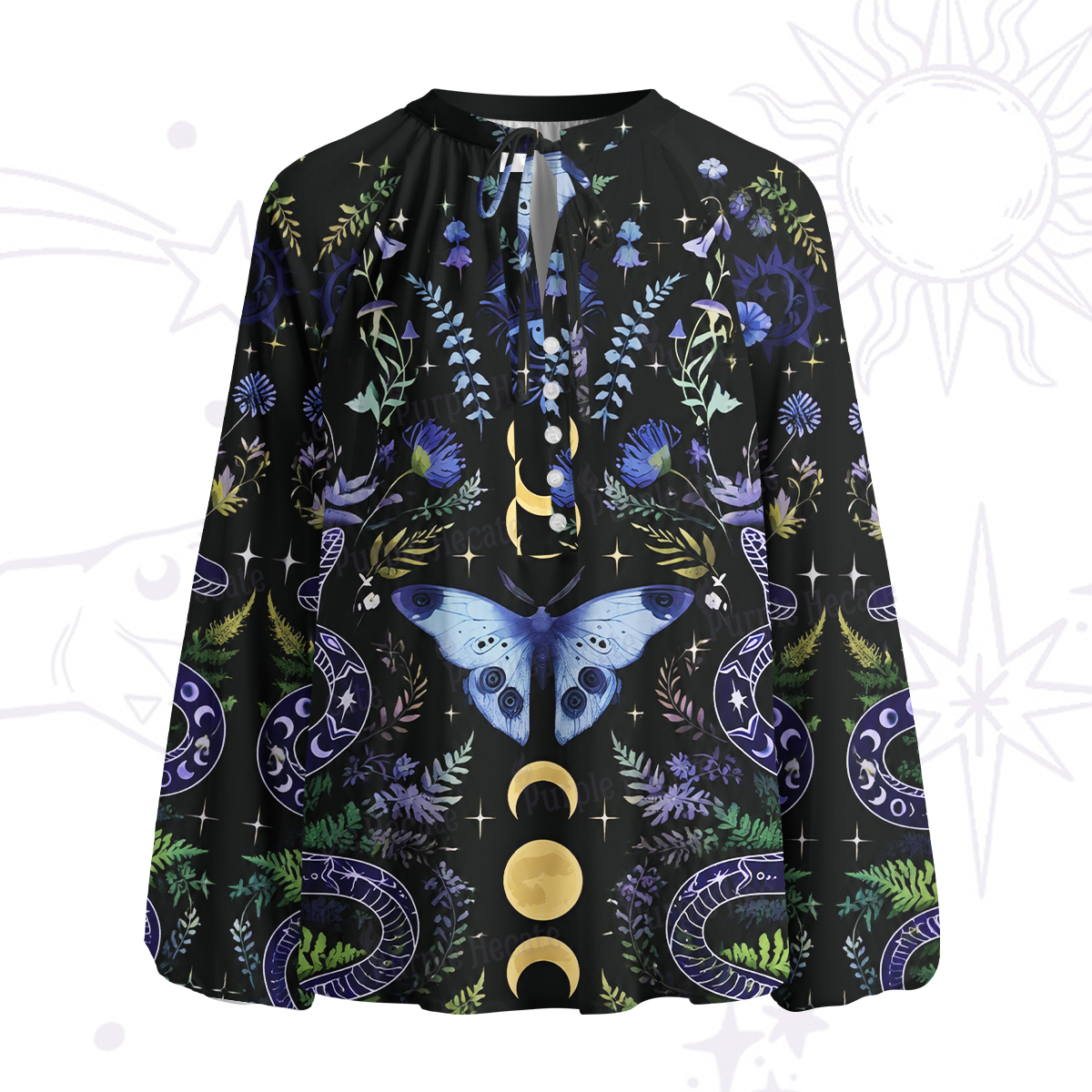 Purplehecate Moon Moth Witchery Split Neck Tie Blouse