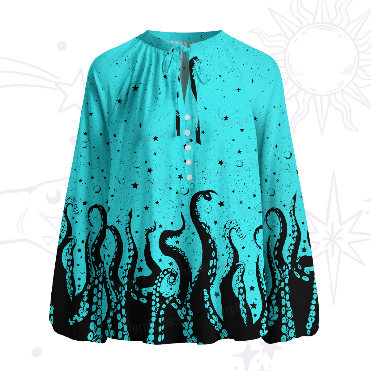 Purplehecate Tentacles of the Deep Split Neck Tie Blouse