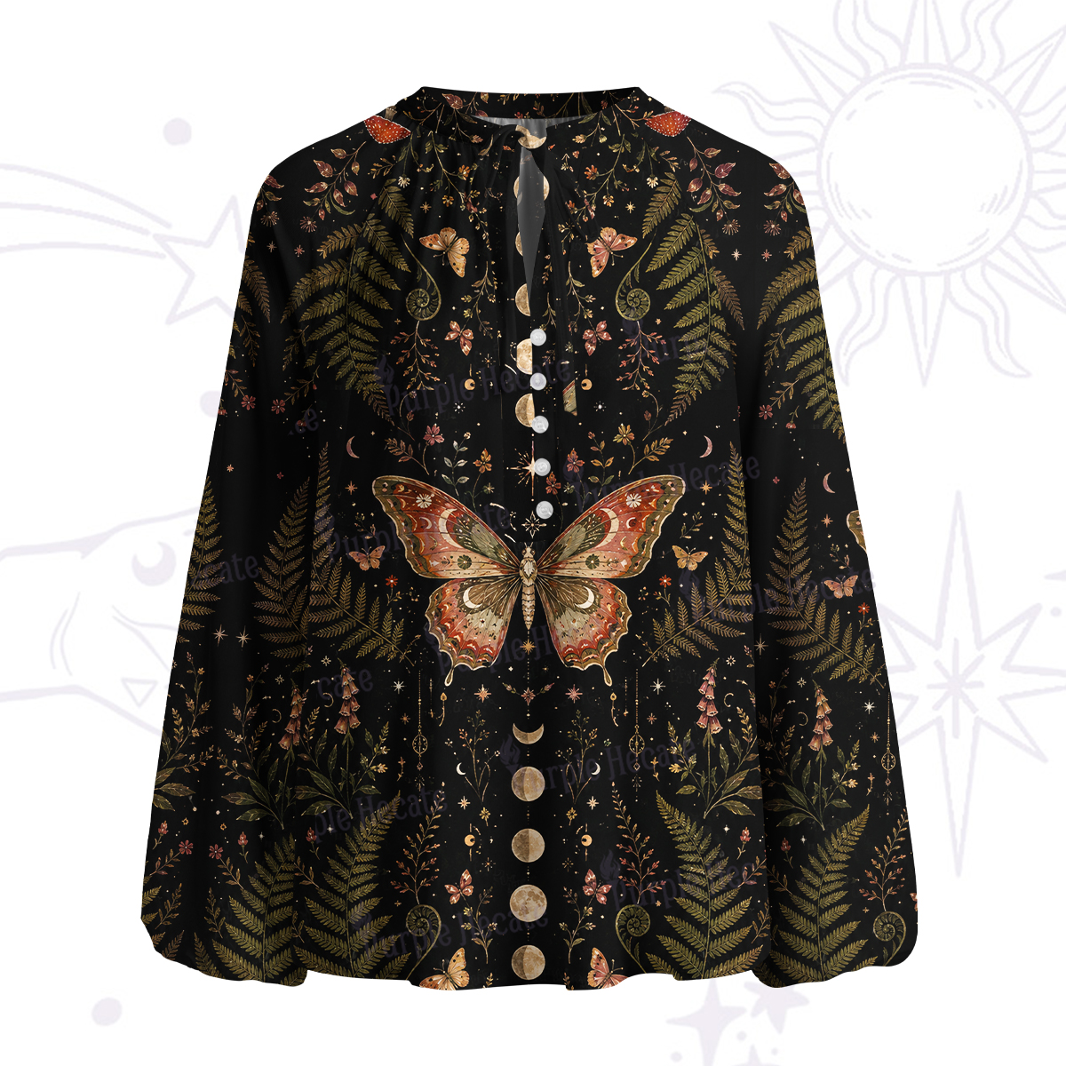 Purplehecate Moon Moth in the Enchanted Fores Split Neck Tie Blouse