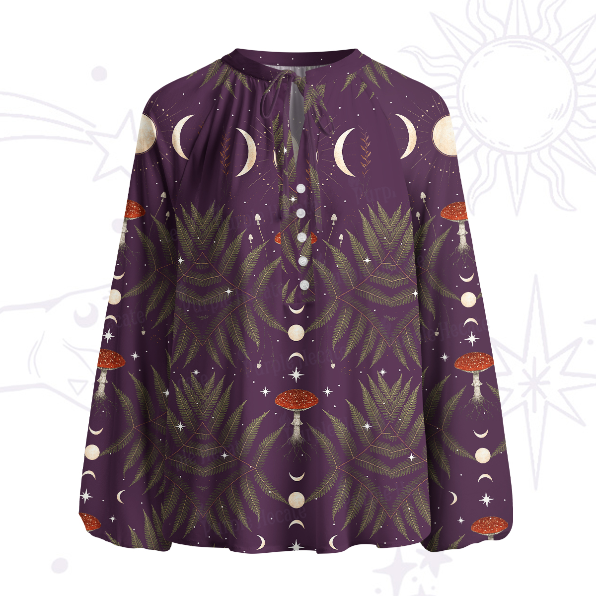 Purplehecate Moonlit Mushroom Gown Split Neck Tie Blouse