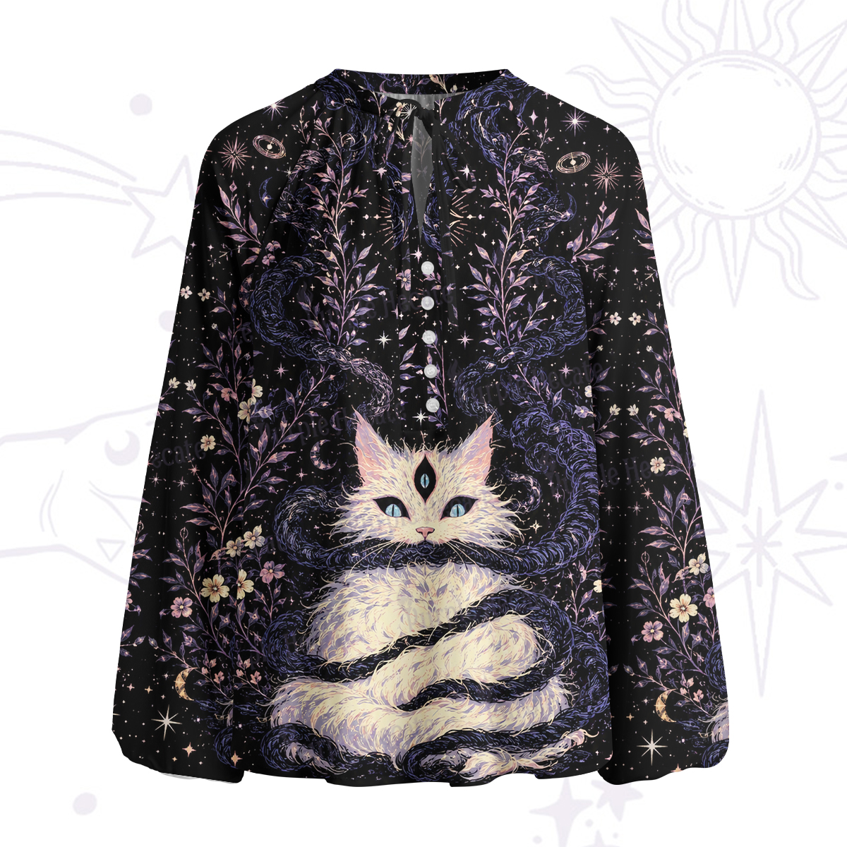 Purplehecate Moon Phase Oracle Cat Split Neck Tie Blouse