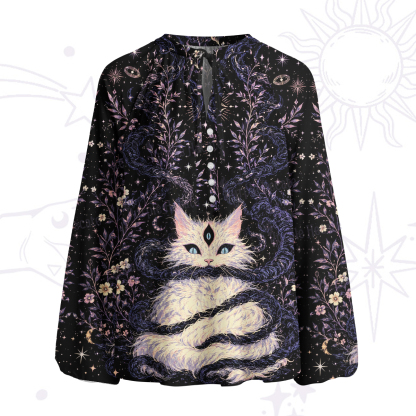 Purplehecate Moon Phase Oracle Cat Split Neck Tie Blouse