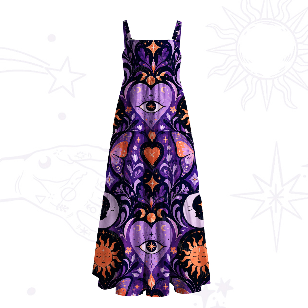 Purplehecate Esoteric Third Eye Cosmic Heart Wide Straps Maxi Dress
